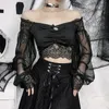 Womens TShirt Goth Black Long Sleeve Corset Crop Tops Women Aesthetic Sexy VNeck Velvet Lace Mesh TShirts Y2K Harajuku Vintage Fashion 230323