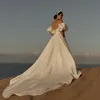 Ivory Beach Wedding Dresses Side Split Bridal Gowns Strapless Neckline With Short Sleeves A Line Sweep Train Satin Vestido De Novia