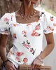 Women's Polos Fashion Woman Blouses Shirt 2023 Summer Square Neck Hollow-Out Knot Back Bubble Sleeve Floral Print Blouse Casual Ullover Tops