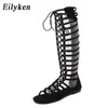 Top Women Sandals Strappy Strappy Aberto Knee Knee High Gladiator Sandals planos Bandagem romana Botas casuais Sapatos Tamanho 35-41 230306