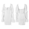 Casual Dresses Women Petal Puff Long Sleeve Bodycon Mini White Dress Sexy Square Neck Off Shoulder Hollow Out Lace-Up Ruched Clubwear