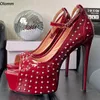 Olomm Handmade Women Platform Pumpar Stiletto klackar kikar tå ganska vinröd cosplayskor damer plus oss storlek 5-20