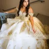 Quinceanera Dresses Princess Champagne 2023 Off 어깨 스팽글 아플리케 진주 신데렐라 달콤한 16 드레스 멍청이 DE 15 Anos Lace-Up