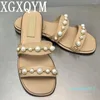 Slippers 2023 Zomer Wit Black Pearl Flats Dames Designer Slip op Open Teen Mules Brand Casual Beach Echte lederen schoenen