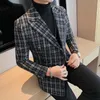 Costumes pour hommes à double boutonnage rétro à carreaux imprimés style britannique blazer robe slim fit blanc chèque gentleman élégant vestes de fumer pour hommes