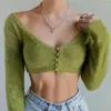 T-shirts Femmes Femmes Sexy Vert Y2K Col V profond Boutonné Couper à manches longues Courtes Tops Mode Printemps Automne Tees Fluffy World