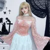 Women's T Shirts Y2K Sexy Off Shoulder Lace Mesh Flared Long Sleeve Crop Tops For Women Aesthetic Pink Sweet See Through T-Shirts Tees