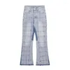 Men's Jeans European American High Street Washed Man Pleated Spliced Denim Full Length Wide Leg Flare Pants Four Seasons