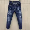 Jeans para hombres Starbags DSQ Fashion Trendy Men's Wash Worn Holes Patches Paint Ink Trim Pies pequeños Azul