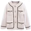 Chaquetas de mujer Elegantes Cárdigans peludos de un solo pecho Oficina Señora O-cuello Diamante Suelto Moda Abrigos de punto Mujeres urbanas Chic Cálido