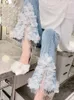 Kadınlar Kot Kore tarzı tatlı ağır sanayi boncuklar çiçek yarık etek ince kot alev pantolon kawaii lolita bahar yüksek bel 230324