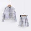 Tweede stuk jurk Vintage Sweet Women Pearl Button Controleer Gingham Plaid Blazer A Line Mini Short Skirts Lange Mouw Suits 2 stuks Set MT129TWO