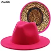 Stingy Brim Hats Rose red fedora hat leopard print hat European and American men's and women's hat fedora jazz winter hat 230324