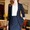 Two Piece Dress Lace Hollow Out Blazer Suit Sexy Slim 2 Sets Oversized 6xl Korean Office Work Coats and KneeLength Skirts Outfits 230324