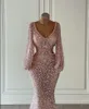 Arabski Aso Ebi Pink Mermaid Sukienki Promowe Gillter cekinowy koronkowy długi rękaw V-dół wieczorny sukienka Abenkleider Lang