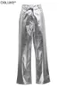 Pantalon femme s argent métallisé Faux cuir pantalon 2023 taille haute longue hiver Hip Hop Streetwear Y2K Night Club Wear 230323