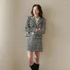 Work Dresses Autumn Winter High Quality Houndstooth Tweed 2 Piece Set Long Sleeve Jacket Coat A-line Wool Skirt Plaid Clothes Suit