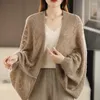 Scarves WOTEEWS Pure Wool Shawl Cardigan For Women With Hollow Thin Sweater Loose Fashion Cashmere Knitted Coat 5 Colors