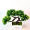 Fleurs décoratives 23x28cm vert pin artificiel en pot bonsaï 4 fourchettes boule d'herbe simulation invité salutation petites plantes décor à la maison