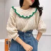 Suéteres de mujer Coreano Chic Retro estilo occidental Hit Color Dobladillo Lotus Leaf Collar Jersey Patrón Suelto Puff Manga Suéter de punto