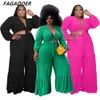 Women's Plus Size Pants FAGADOER Women Clothing Two Piece Set Xl5xl Solid Lace Up Crop Top Wide Leg Ruched Flared Casual Tracksuit 230324