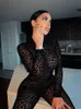 Kobiety Jumpsuits Rompers Hirigin Animal Instynkt siatkowy Lampart Korepocking See Through Velor Long Sleeve Skocsuit Sexy Midnight Clubwear 230324