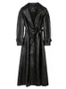 Jackets femininos Nerazzurri Spring Autumn Long preto PU Couather Trench para mulheres faixas únicas de luxo de luxo elegante.