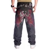 Mens Jeans Plus Size midja 3046 tum skateboard wideleg Löst hiphop broderade blommvingar manliga denim byxor byxor 230322