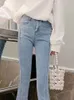 Kvinnors jeans koreansk stil söt tung industrin pärlor blommor slits hem slim denim flare pant kawaii lolita våren hög midja 230324