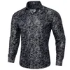 Men's Dress Shirts Luxury Silk For Men Black Silver Paisley Wedding Prom Party Button Down Collar Shirt Blose Clothing