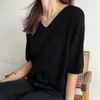 Women's Blouses 2023 Blusas De Mujer Loose Women Silk Knitted Fabric Sweater Short Sleeve Top Solid V-Neck Black Shirts Drop 1210