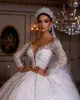 Luxuriöse arabische Ballkleid-Hochzeitskleider aus Dubai mit langen Ärmeln, Vintage-Spitze, Applikationen, Perlen, Brautkleider, Kristalle, Roben, nach Maß, Übergröße BC15496