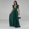 Casual Dresses Women Solid Backless Elegant Long V-neck Pleated A-line Sexy Frock 2023 Spring Summer Evening Party Style Dress