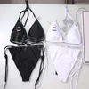 2 pièces Sexy maillots de bain femmes été noir blanc Bikini ensemble lettre imprimer cravate côté string string plage Triangle costume maillot de bain maillot de bain maillot de bain