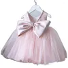 Robe formelle en soie pour filles, tenue de princesse en Tulle avec perles, joli Costume de fête à gros nœuds à plusieurs niveaux