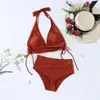 Women's Swimwear Bikini Shorts Set Push-Up Halter Color Swimsuit Beachwear Womens Pad Solid Fashion Swimwears Tankinis