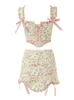 Two Piece Dress Sexy Floral Print Bow Cross Lacing up Back Corset Wood ears Crop Top High Waist Ribbon Asymmetric Mini Skirt 2 pieces 1 set 230324