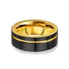 Bröllopsringar mode 8mm herrar svart guld färg rostfritt stål ring avfasad kant inlay lila kolfiber män band smycken