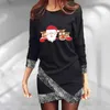 Casual Dresses 2023 Elegant Dress Women's Round Neck Long Sleeve Irregular Hem Christmas Print Vestido Navidad Mujer