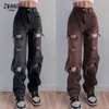 Damesjeans Bruine vrouwen rechte broek Vintage zwart gescheurde mode streetwear gat hiphop hoge taille y2k denim broek dames 230324