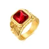 Cluster-Ringe Juno Fashion Herren Hip Hop Red Cube Rubin Kristall Ring Goldlegierung Carving Schmuck Größe 7 8 9 10 11 12 13 14Cluster