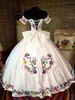 Mexican Charro Long Quinceanera Dresses Flower Embroidery Short Sleeves Off Shoulder Sweetheart Neckline Princess Prom Ball Gown 15 Vestido XV anos