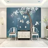 Papéis de parede Magnolia Denudata murais azuis chineses elegantes sala de estar TV Background Wallpaper Pintura a óleo Decoração de parede