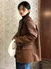 여자 재킷 eam 느슨한 핏 푸트 가죽 브라운 빈티지 큰 크기 재킷 라펠 라펠 레벨 여성 코트 패션 스프링 가을 2023 1DF5549 230324