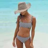 Kadın Mayo Seksi Retro Twoundsstooth Baskı Bandeau Bikini Seti ile Ring ile Kadın Ayrı Mayo Cheeky 2023 Plaj Yüzme Banyo Takım