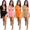 2023 Summer Womens Traksuits Two Piece Skirt Sets Swimwear Beachwear Long Sleeve Slit Solid Color Sexy Crop Top Lace Up Dress Bikini Set