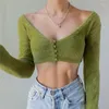 T-shirts Femmes Femmes Sexy Vert Y2K Col V profond Boutonné Couper à manches longues Courtes Tops Mode Printemps Automne Tees Fluffy World