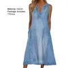 Casual Dresses Blue Denim Dress For Women Sexy V Neck Sleeveless A-ine Summer Loose Knee-length Jeans Beach Robe Femme