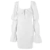 Casual Dresses Women Petal Puff Long Sleeve Bodycon Mini White Dress Sexy Square Neck Off Shoulder Hollow Out Lace-Up Ruched Clubwear