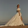 Ivory Beach Wedding Dresses Side Split Bridal Gowns Strapless Neckline With Short Sleeves A Line Sweep Train Satin Vestido De Novia